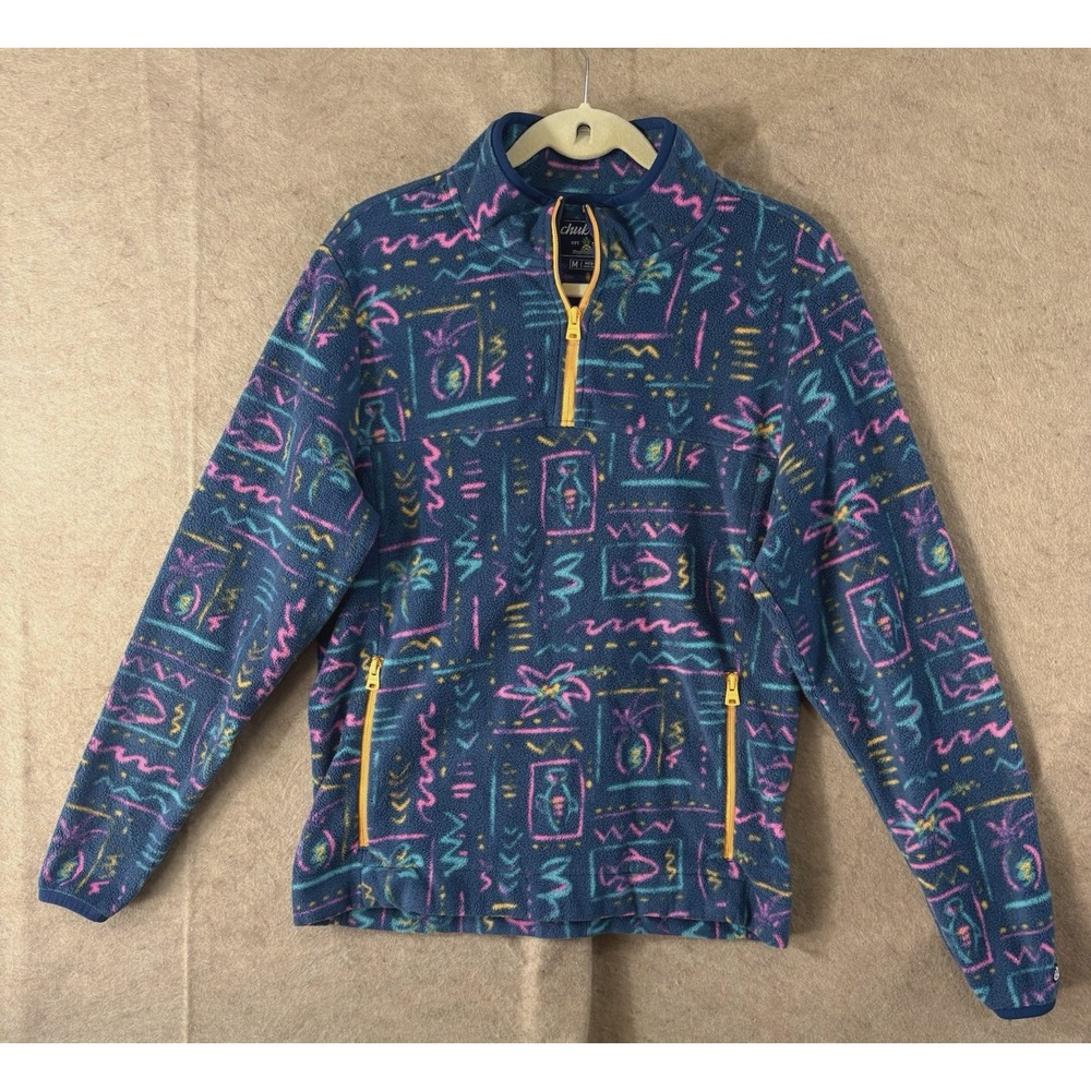 Chubbies Fleece Pullover Jacket Mens Sz‎ M Blue Fish Pockets Athleisure